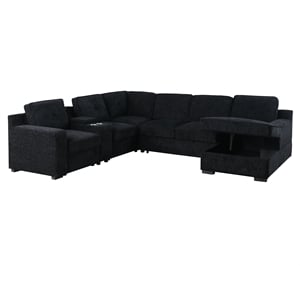 Pemberly Row Modern Chenille 6-Seater Pull Out Sofa Bed in Black