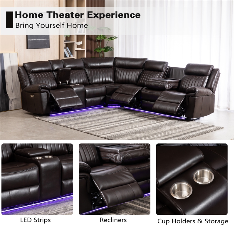 Pemberly Row 6-Seater Electric Recliner Faux Leather Sofa in Brown