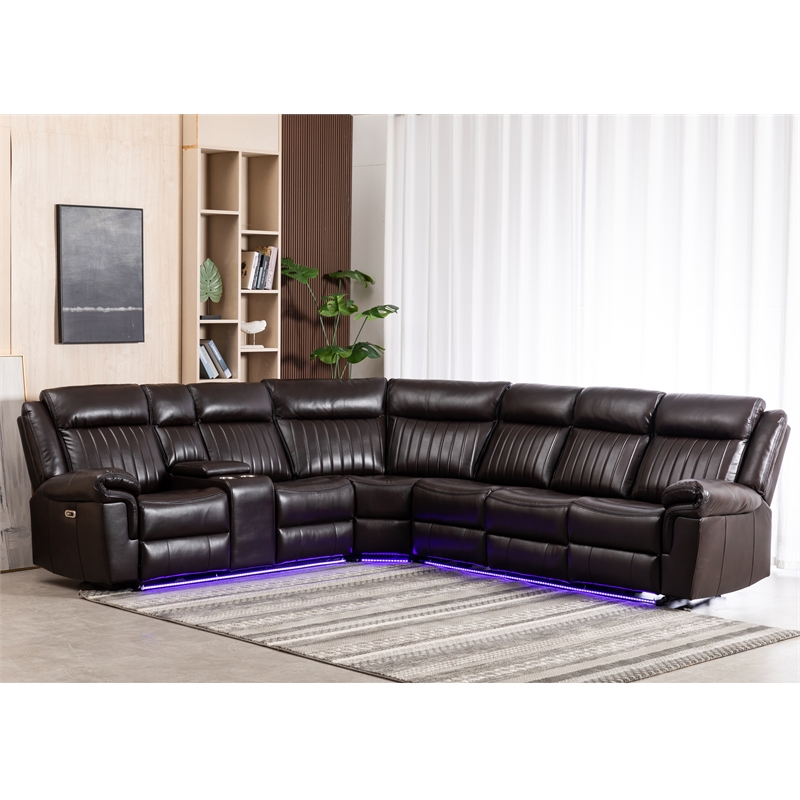 Pemberly Row 6-Seater Electric Recliner Faux Leather Sofa in Brown