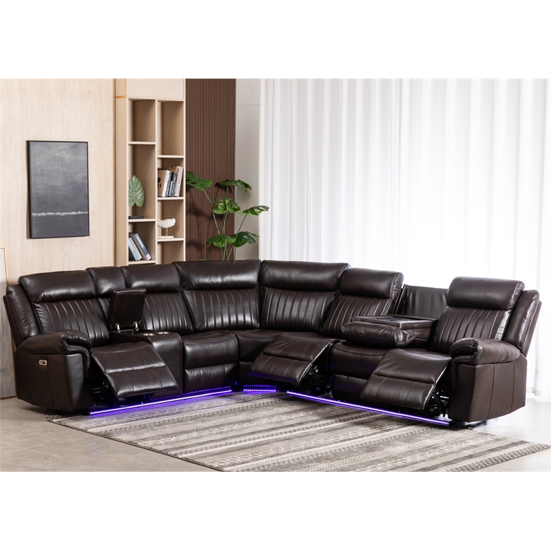 Pemberly Row 6-Seater Electric Recliner Faux Leather Sofa in Brown