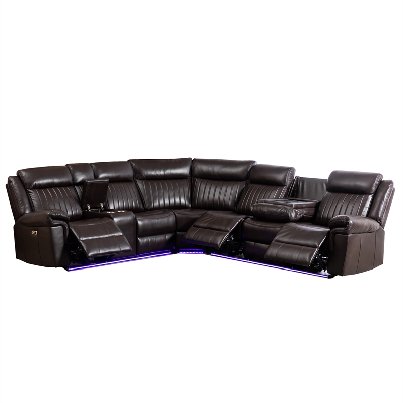 Pemberly Row 6-Seater Electric Recliner Faux Leather Sofa in Brown