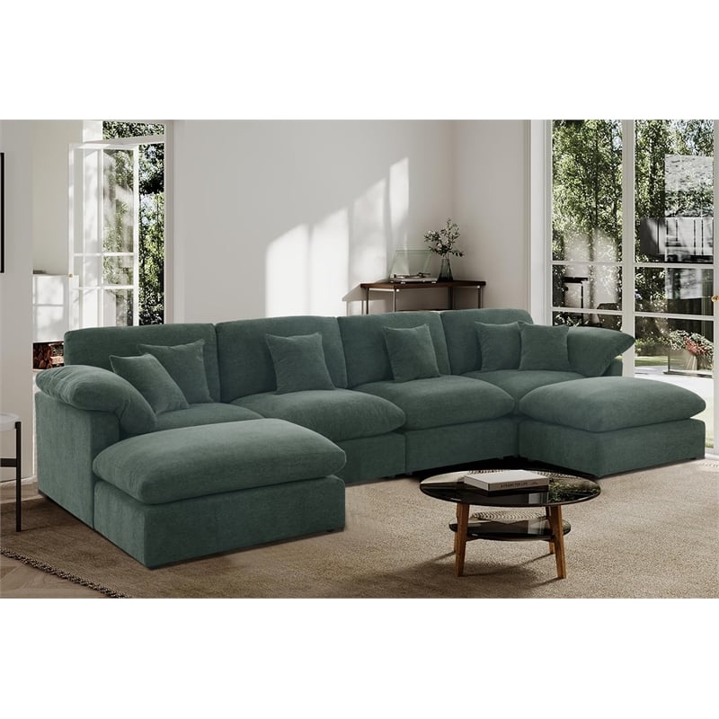 Pemberly Row U-Shaped Chenille Cloud Sectional Sofa with Ottoman in Green