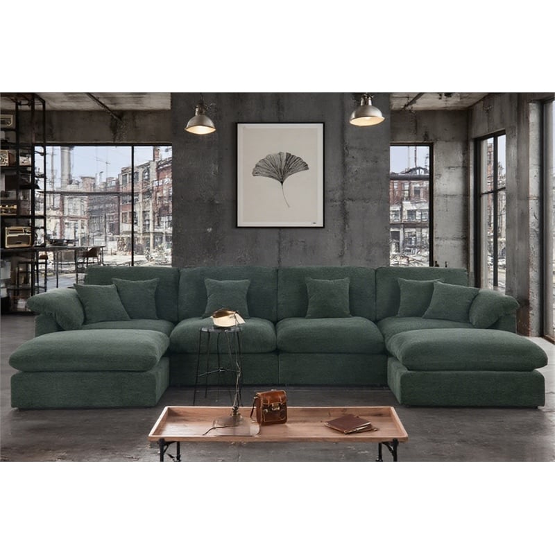 Pemberly Row U-Shaped Chenille Cloud Sectional Sofa with Ottoman in Green