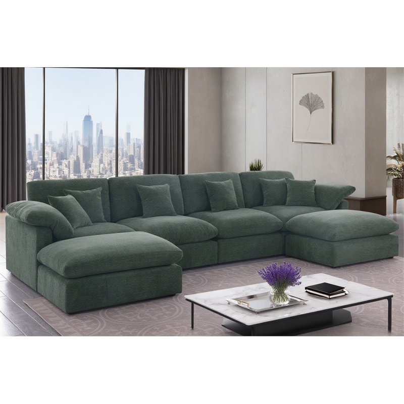 Pemberly Row U-Shaped Chenille Cloud Sectional Sofa with Ottoman in Green