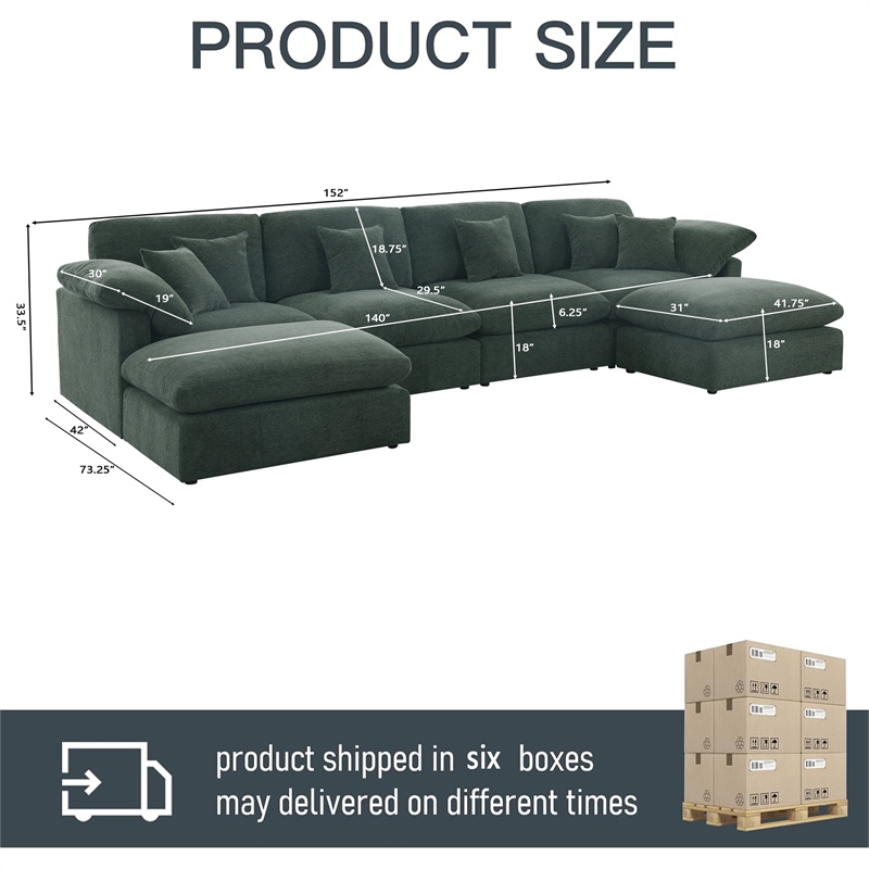 Pemberly Row U-Shaped Chenille Cloud Sectional Sofa with Ottoman in Green