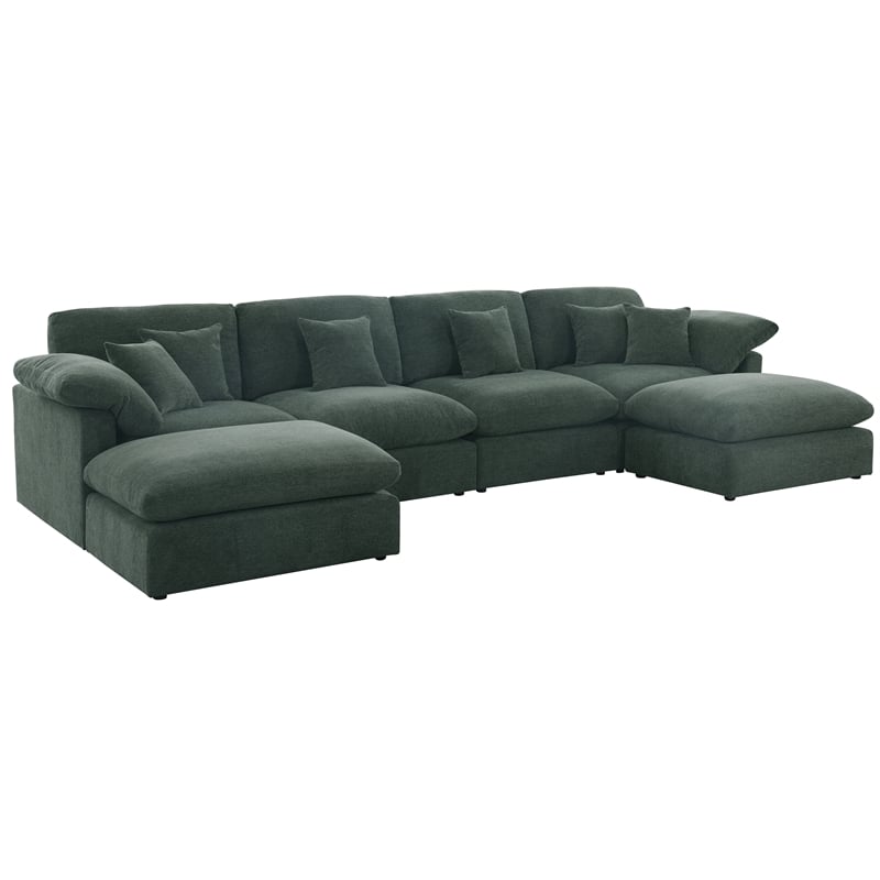 Pemberly Row U-Shaped Chenille Cloud Sectional Sofa with Ottoman in Green