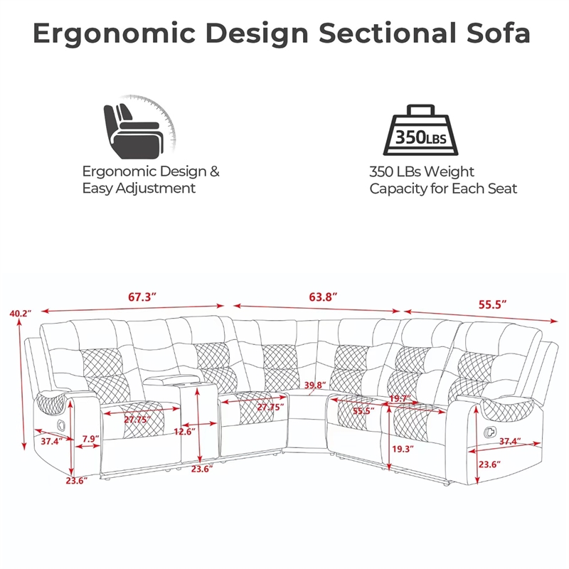 Pemberly Row Modern L-Shaped Manual Reclining Faux Leather Sofa in Black