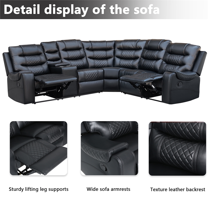 Pemberly Row Modern L-Shaped Manual Reclining Faux Leather Sofa in Black