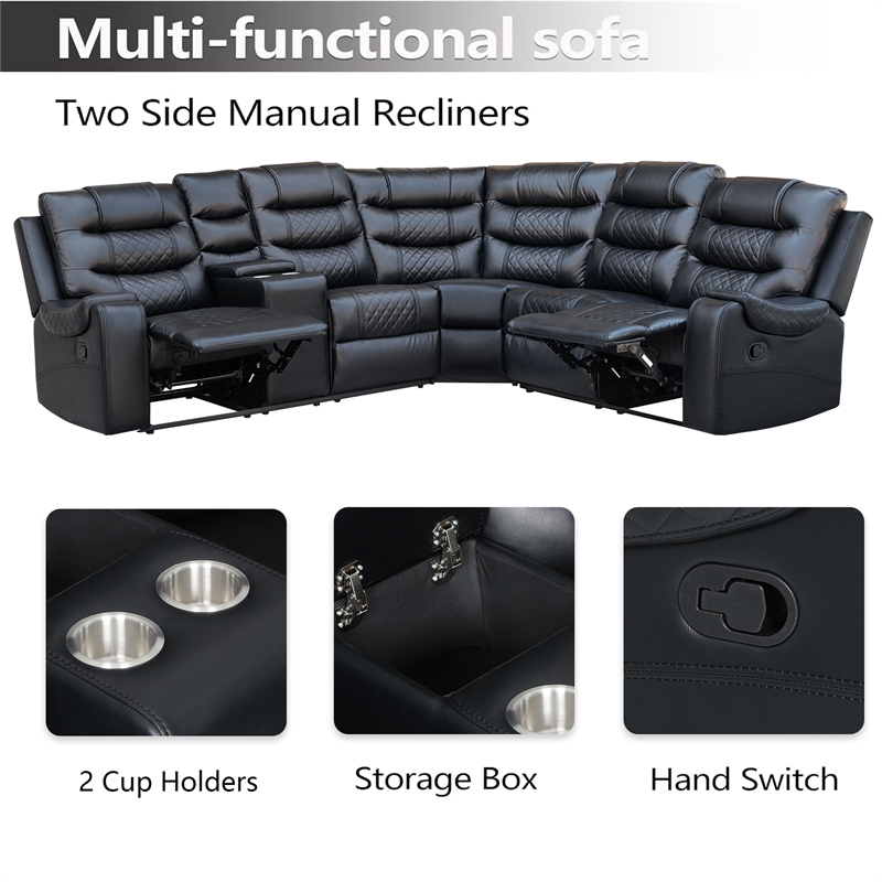 Pemberly Row Modern L-Shaped Manual Reclining Faux Leather Sofa in Black
