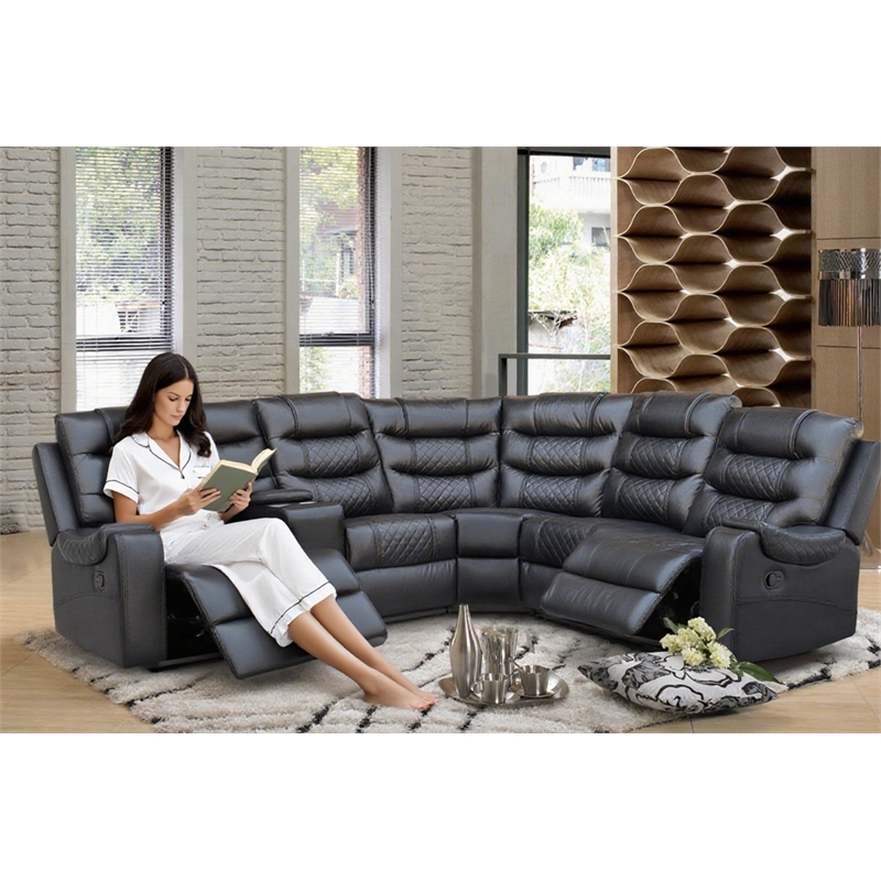Pemberly Row Modern L-Shaped Manual Reclining Faux Leather Sofa in Black