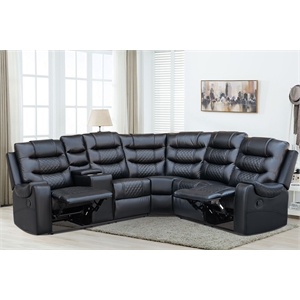 Pemberly Row Modern L-Shaped Manual Reclining Faux Leather Sofa in Black