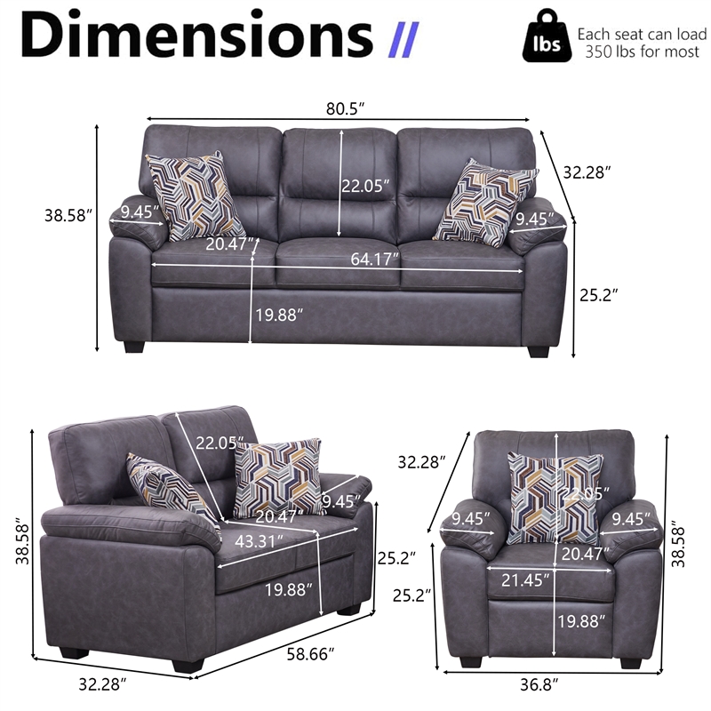 Pemberly Row 3-Piece Matte Faux Leather Living Room Sofa Set in Dark Gray