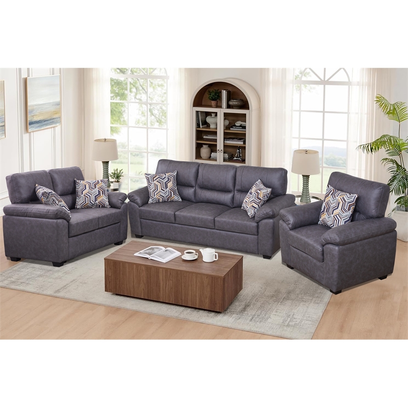 Pemberly Row 3-Piece Matte Faux Leather Living Room Sofa Set in Dark Gray