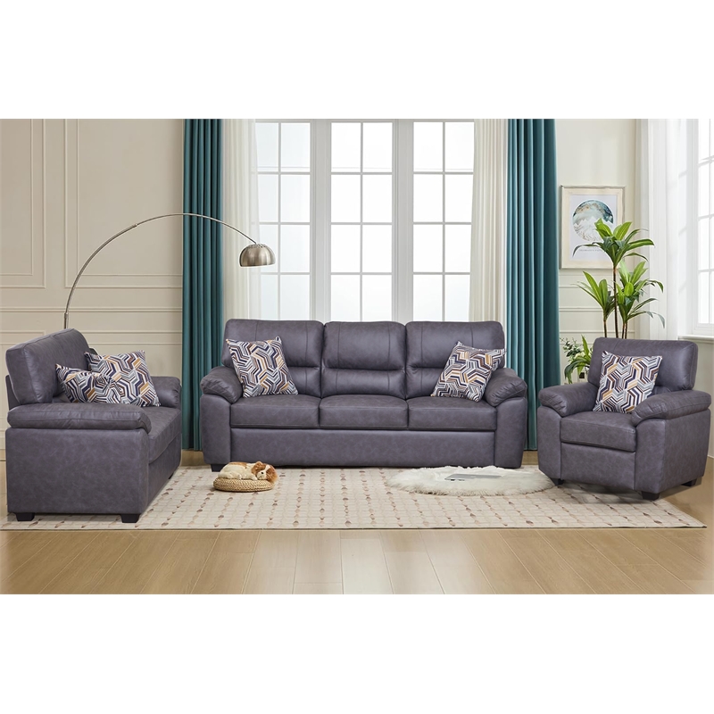 Pemberly Row 3-Piece Matte Faux Leather Living Room Sofa Set in Dark Gray