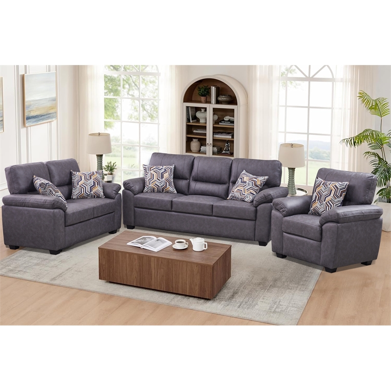 Pemberly Row 3-Piece Matte Faux Leather Living Room Sofa Set in Dark Gray