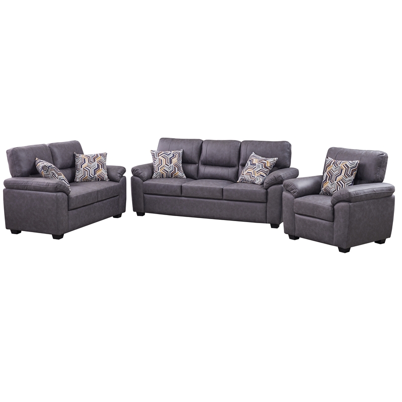 Pemberly Row 3-Piece Matte Faux Leather Living Room Sofa Set in Dark Gray
