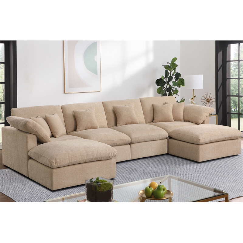 Pemberly Row U-Shaped Chenille Cloud Sectional with Ottoman in Light Camel