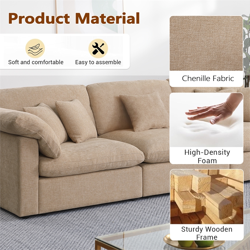 Pemberly Row U-Shaped Chenille Cloud Sectional with Ottoman in Light Camel