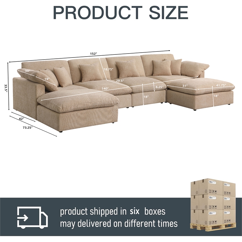 Pemberly Row U-Shaped Chenille Cloud Sectional with Ottoman in Light Camel