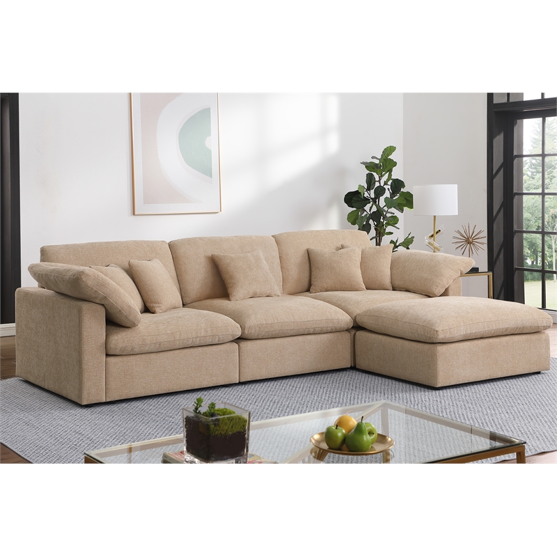 Pemberly Row U-Shaped Chenille Cloud Sectional with Ottoman in Light Camel