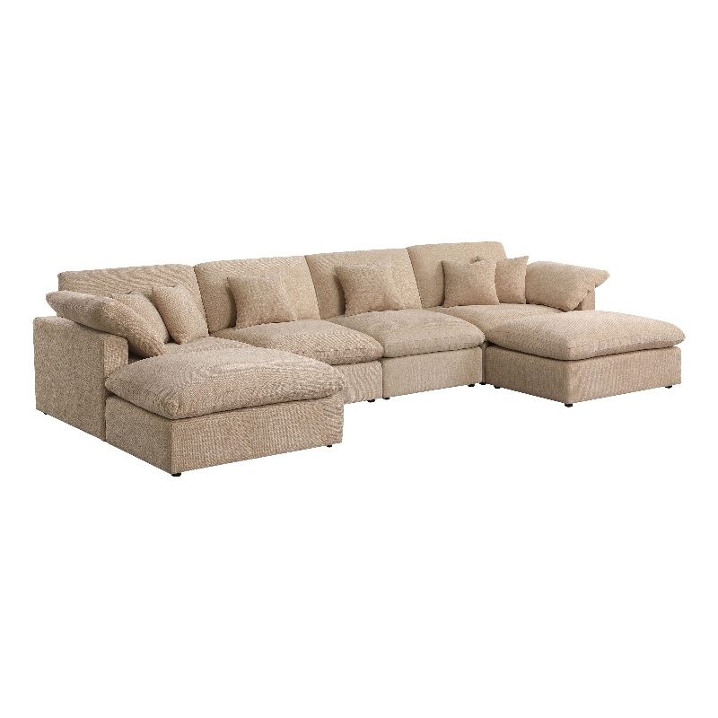 Pemberly Row U-Shaped Chenille Cloud Sectional with Ottoman in Light Camel