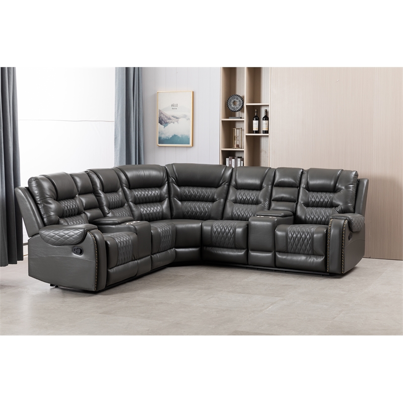 Pemberly Row 5-Seat L-Shaped Manual Reclining Faux Leather Sofa in Gray