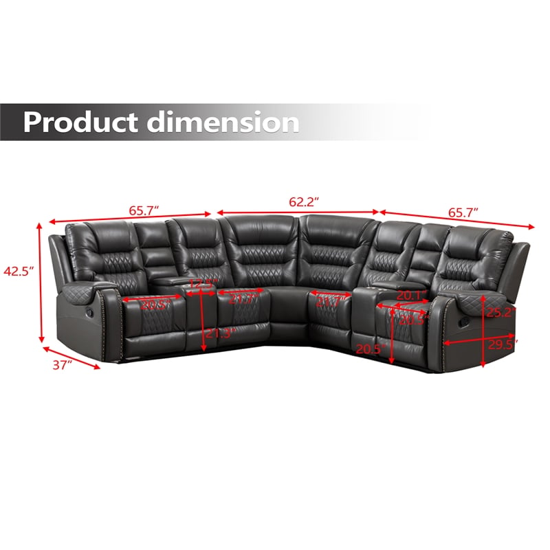 Pemberly Row 5-Seat L-Shaped Manual Reclining Faux Leather Sofa in Gray
