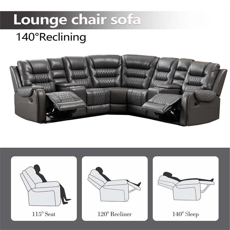 Pemberly Row 5-Seat L-Shaped Manual Reclining Faux Leather Sofa in Gray