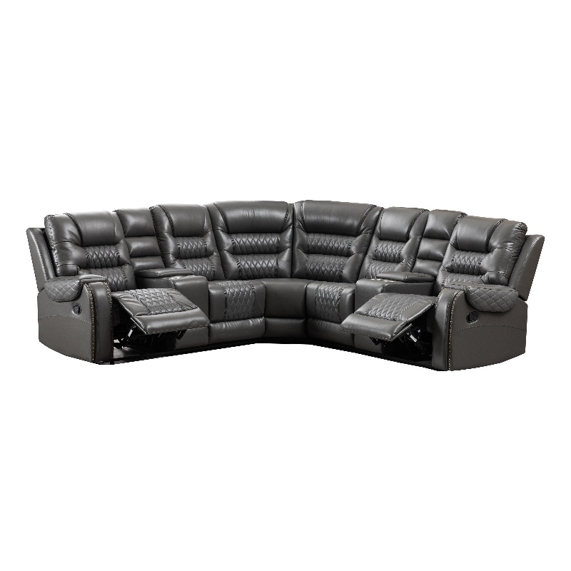 Pemberly Row 5-Seat L-Shaped Manual Reclining Faux Leather Sofa in Gray