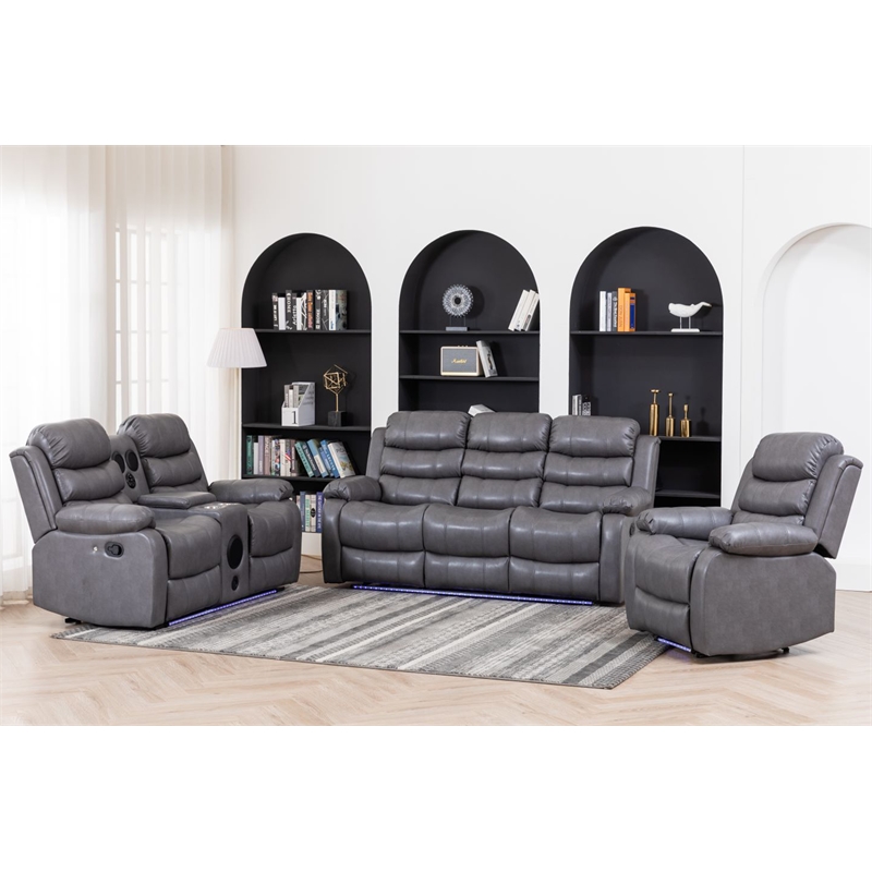 Pemberly Row 3-Piece Faux Leather Reclining Sofa Set Bluetooth in Gray