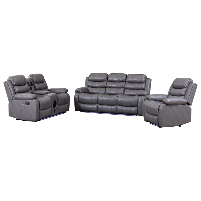 Pemberly Row 3-Piece Faux Leather Reclining Sofa Set Bluetooth in Gray