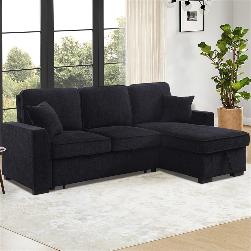 Pemberly Row Chenille L-Shaped Pull Out Sleeper Sofa Bed in Black