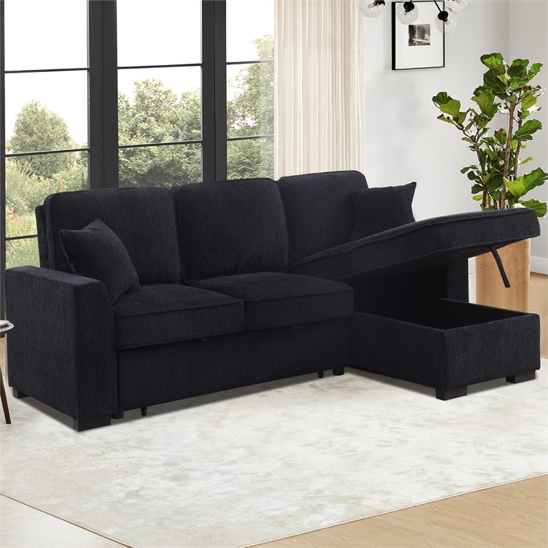 Pemberly Row Chenille L-Shaped Pull Out Sleeper Sofa Bed in Black