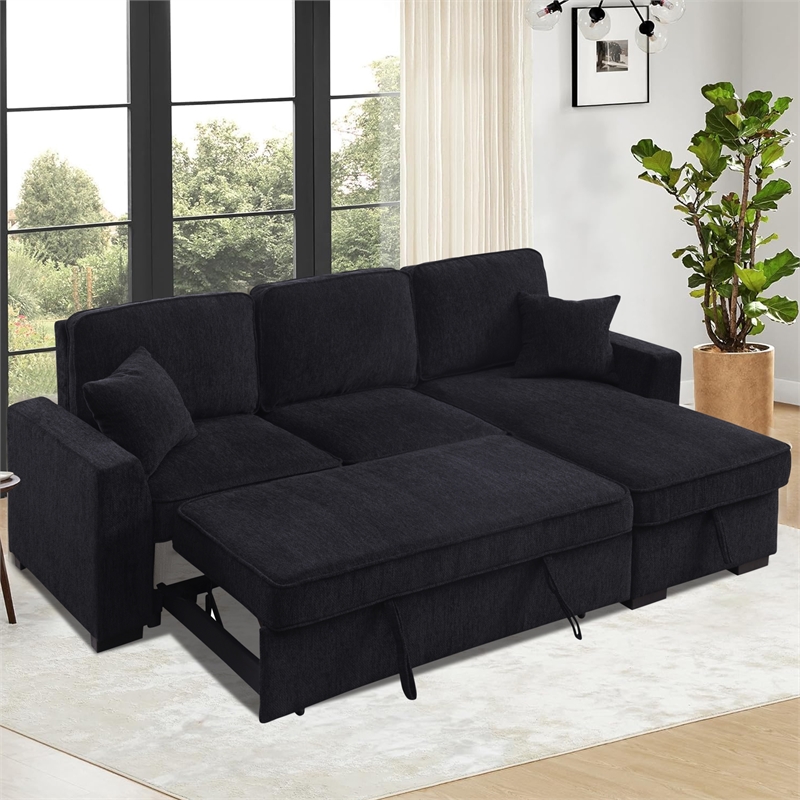 Pemberly Row Chenille L-Shaped Pull Out Sleeper Sofa Bed in Black
