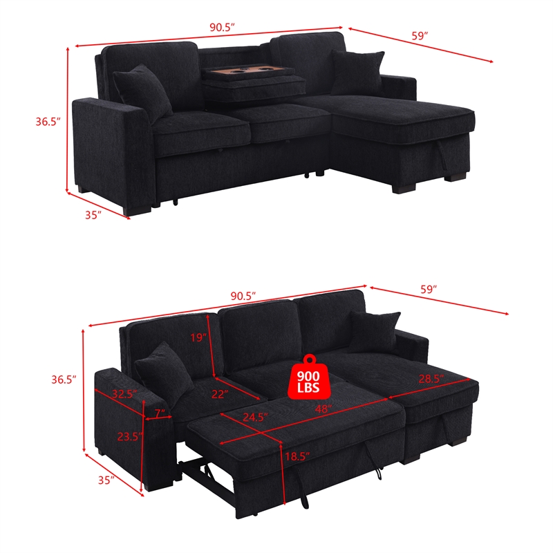 Pemberly Row Chenille L-Shaped Pull Out Sleeper Sofa Bed in Black
