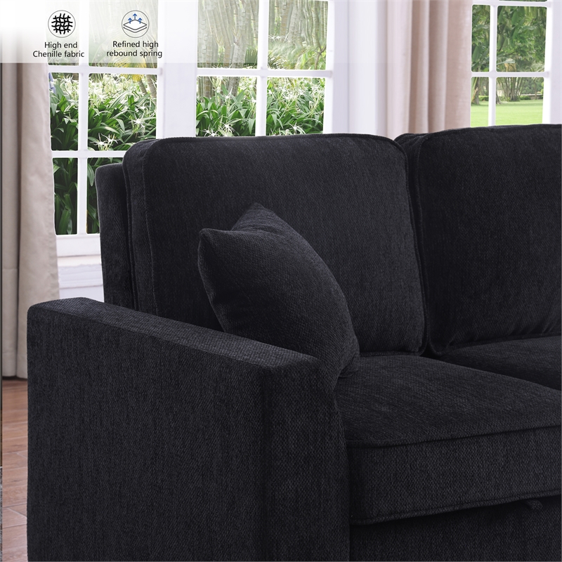 Pemberly Row Chenille L-Shaped Pull Out Sleeper Sofa Bed in Black