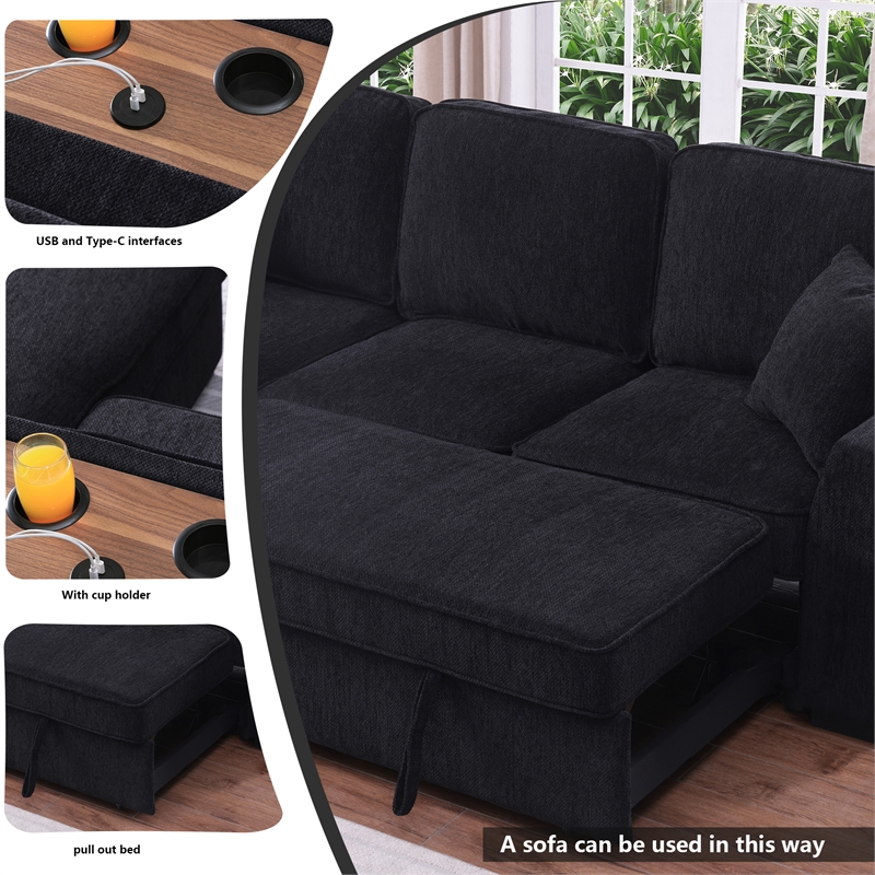 Pemberly Row Chenille L-Shaped Pull Out Sleeper Sofa Bed in Black