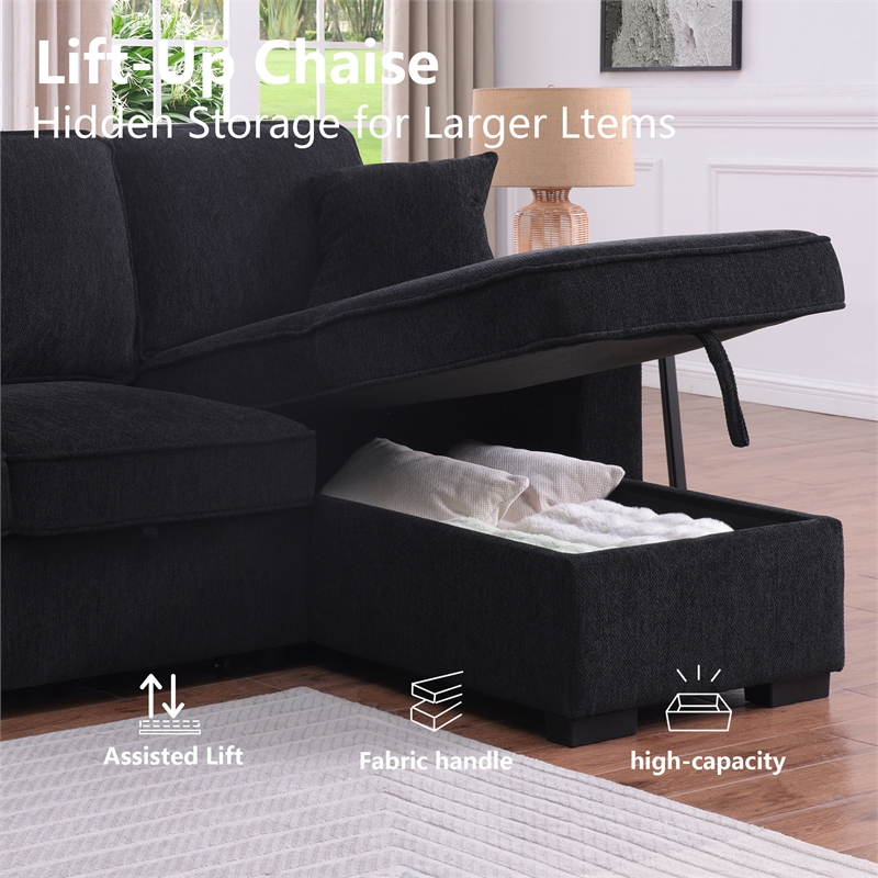Pemberly Row Chenille L-Shaped Pull Out Sleeper Sofa Bed in Black