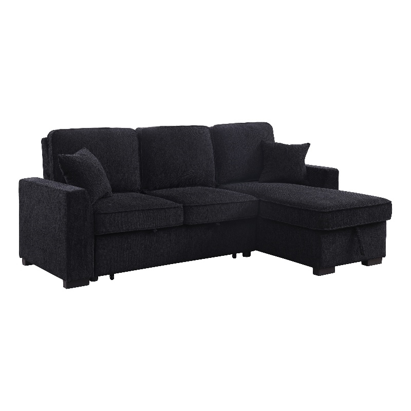 Pemberly Row Chenille L-Shaped Pull Out Sleeper Sofa Bed in Black