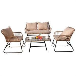 Pemberly Row 4-Piece Rattan Wicker Outdoor Patio Set with Table in Beige