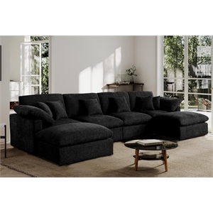 Pemberly Row U-Shaped Chenille Cloud Sectional Sofa with Ottoman in Black