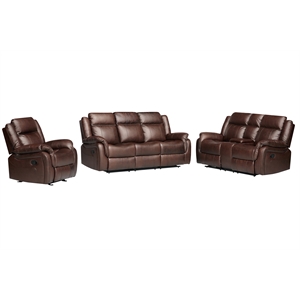 Pemberly Row 3-Piece Faux Leather Reclining Sofa Set with Table in Brown