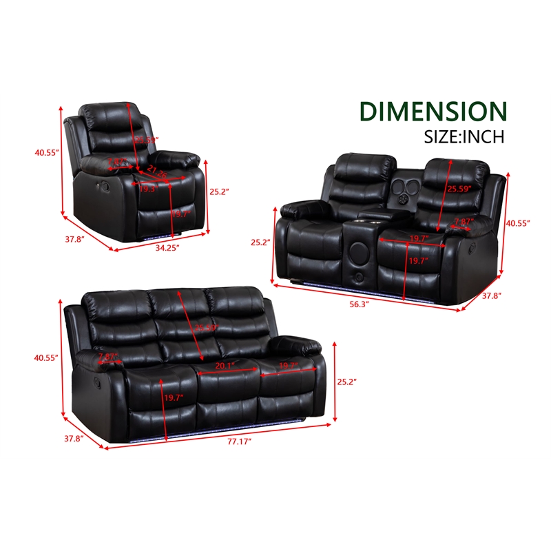 Pemberly Row 3-Piece Faux Leather Reclining Sofa Set Bluetooth in Black