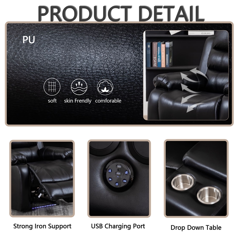 Pemberly Row 3-Piece Faux Leather Reclining Sofa Set Bluetooth in Black