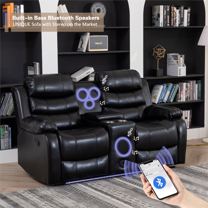 Pemberly Row 3-Piece Faux Leather Reclining Sofa Set Bluetooth in Black