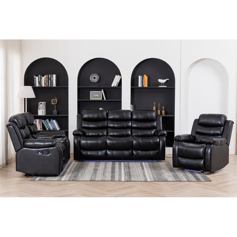 Pemberly Row 3-Piece Faux Leather Reclining Sofa Set Bluetooth in Black