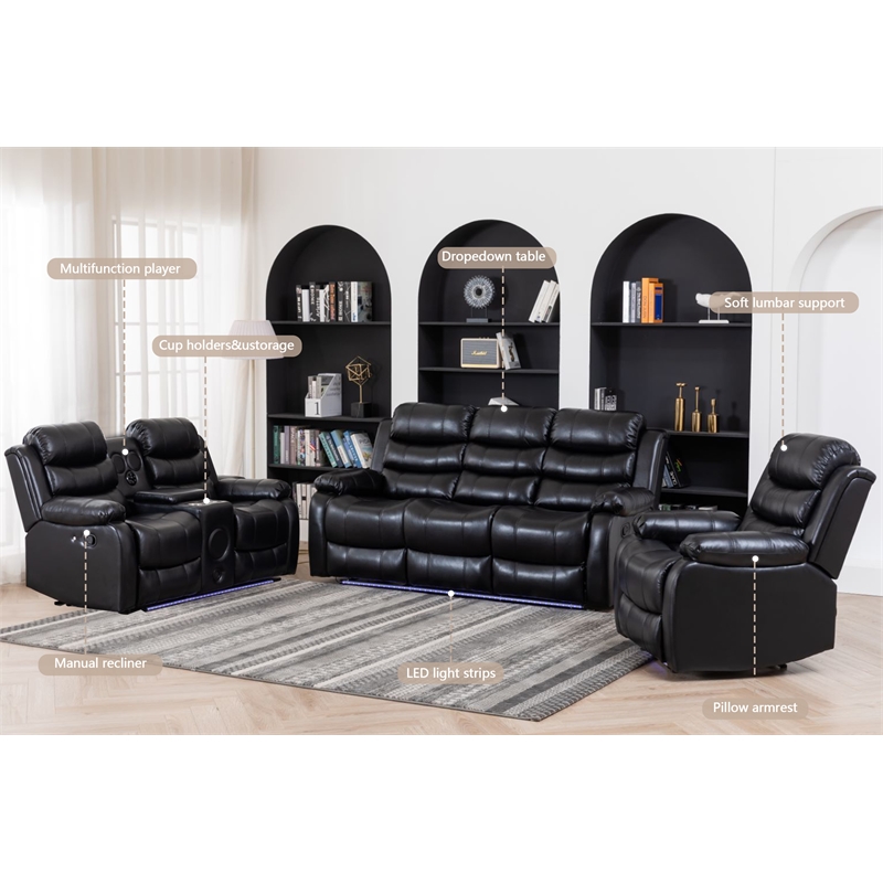 Pemberly Row 3-Piece Faux Leather Reclining Sofa Set Bluetooth in Black