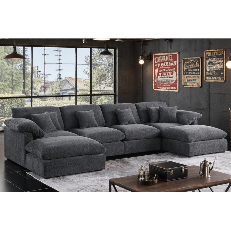 Pemberly Row U-Shaped Chenille Cloud Sectional with Ottoman in Dark Gray