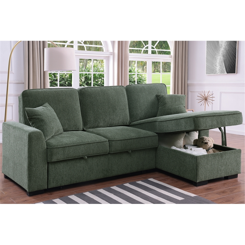 Pemberly Row Chenille L-Shaped Pull Out Sleeper Sofa Bed in Green