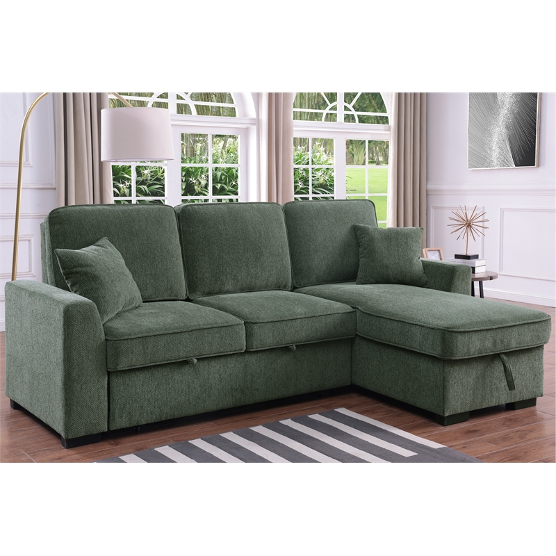 Pemberly Row Chenille L-Shaped Pull Out Sleeper Sofa Bed in Green